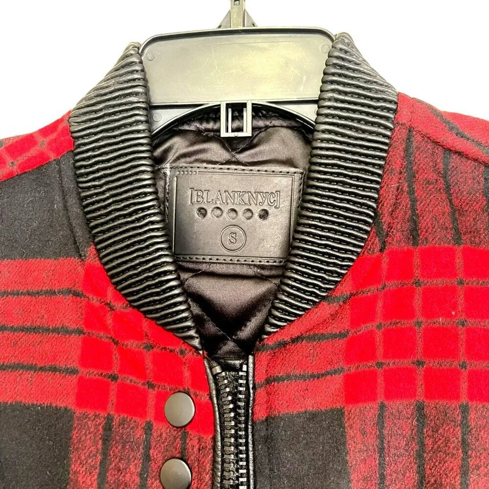 Blank NYC Plaid Bomber Jacket Faux Leather Sleeves Small NEW